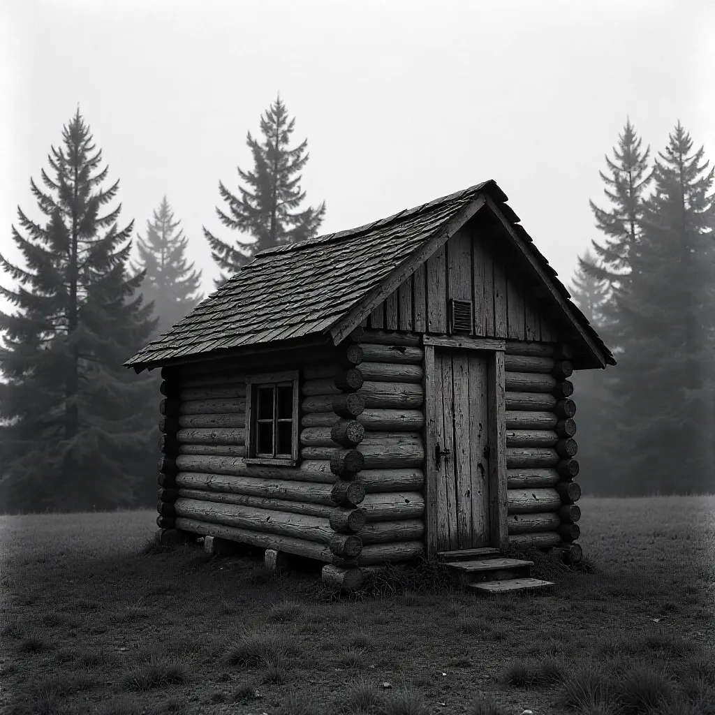 Monochrome Forest Hut: Rustic Cabin in Shadows