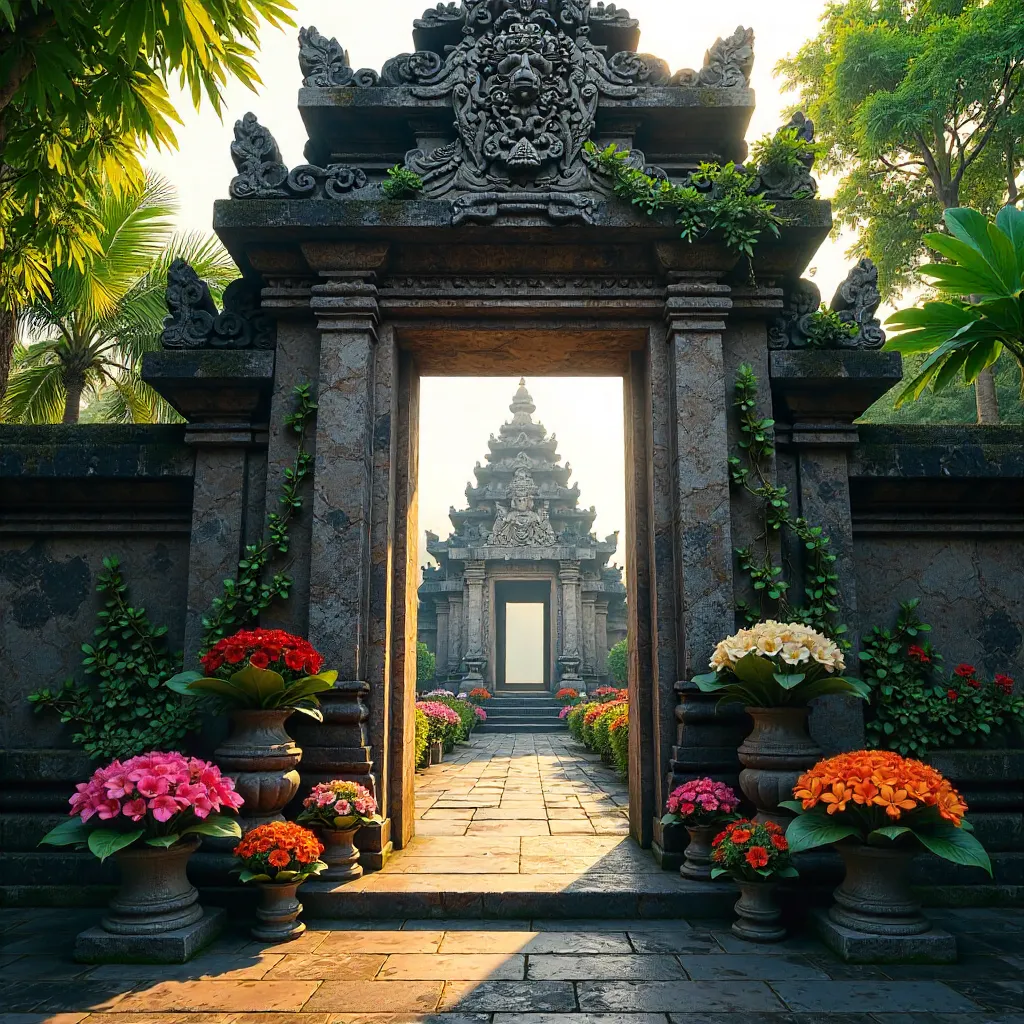 Intricate Balinese Temple Gate with Floral Offerings