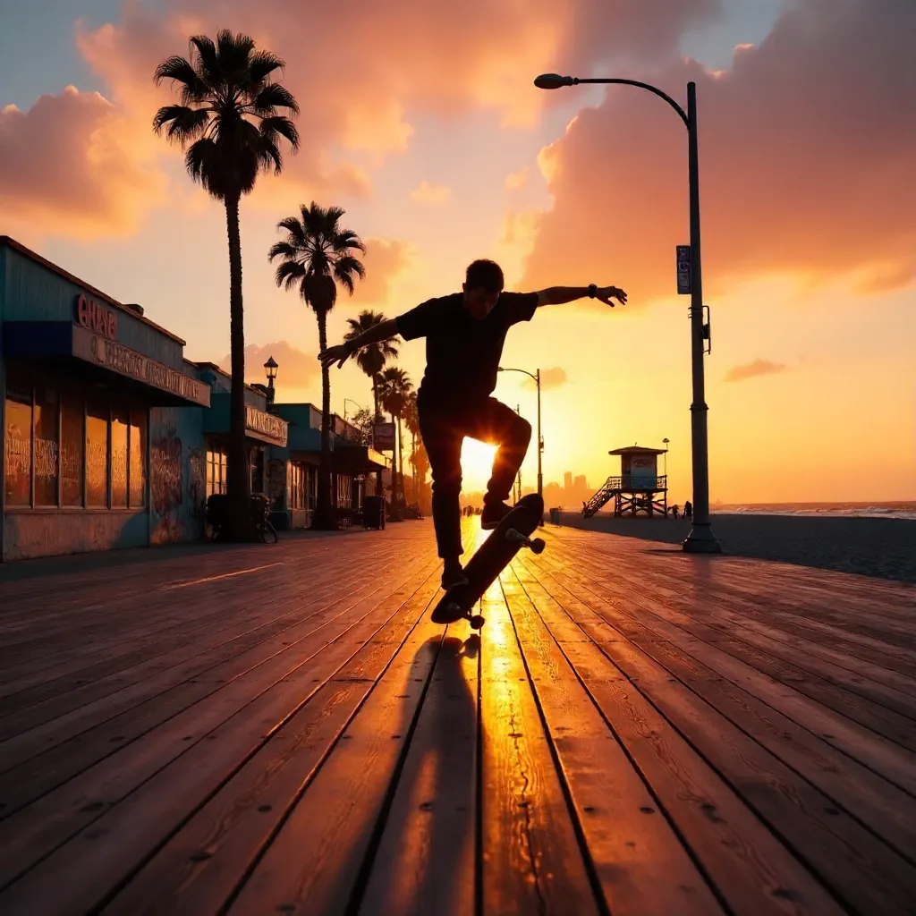 Silhouette Skateboarder at Sunset in Venice Beach