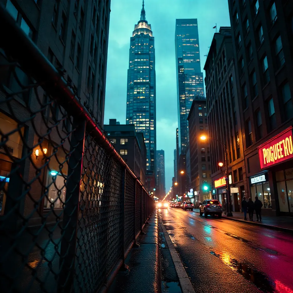 Chain-Link Frame: Dramatic Skyscrapers at Dusk