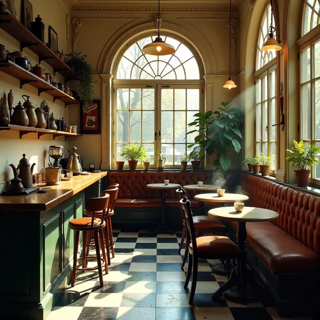 Cozy Vintage Café with Checkered Floor and Arched Windows