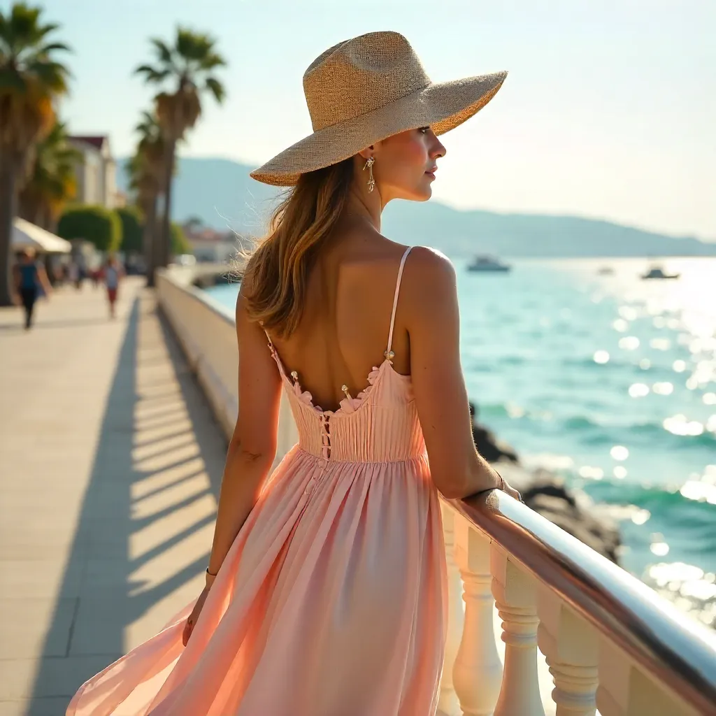Stylish Woman by İzmir Coast in Dress and Straw Hat