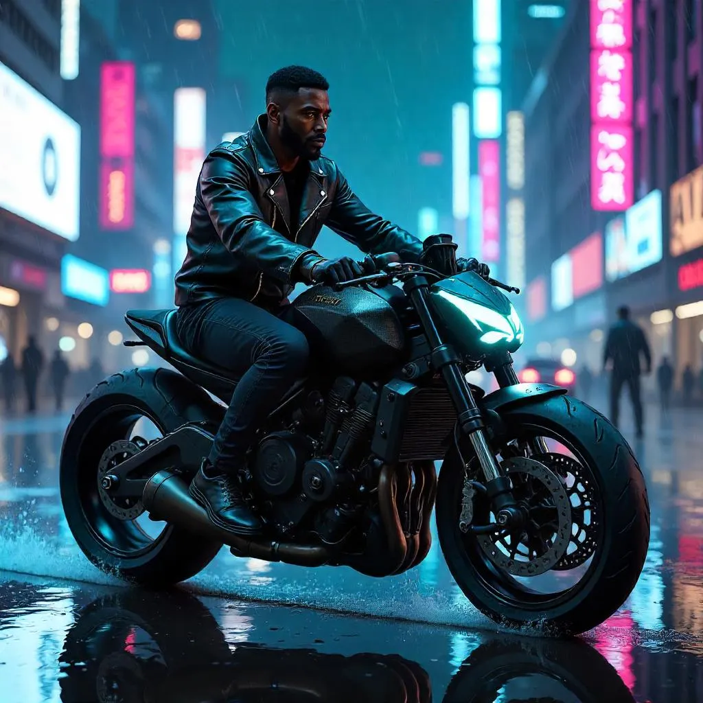 Neon Noir Rider on a Futuristic Motorcycle