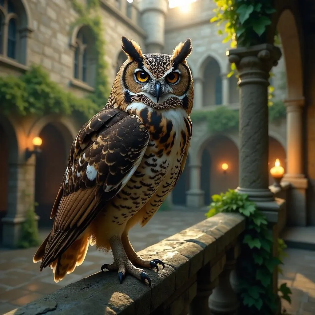 Photorealistic Owl in a Castle Courtyard at Golden Hour
