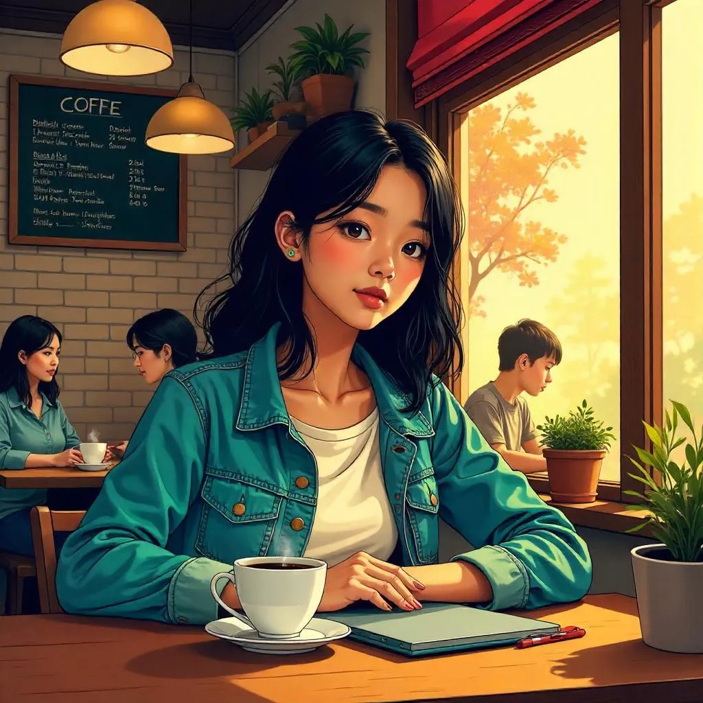 Young Asian Woman in a Coffee Shop — Comic Style