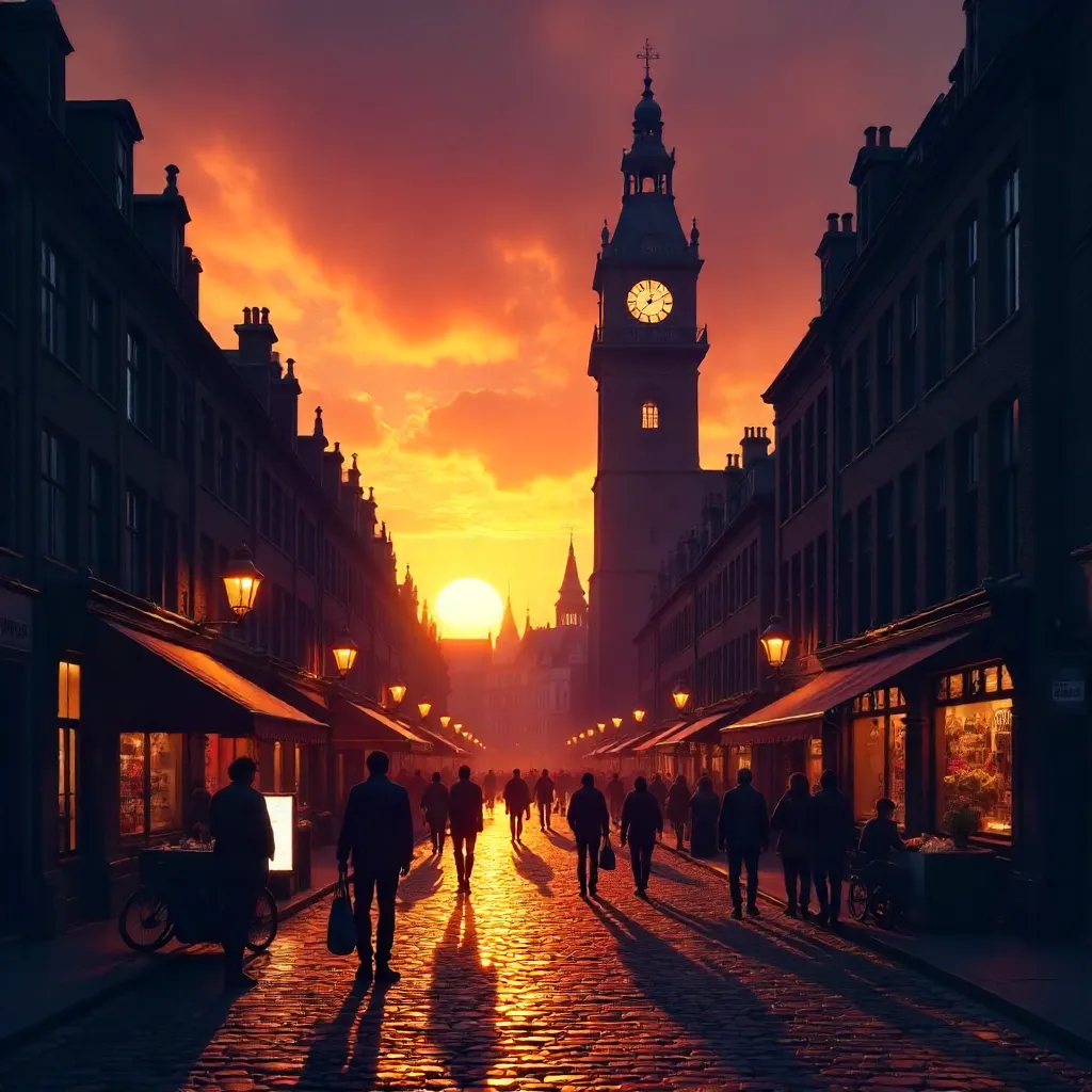 Sunset silhouette: Clock tower over a busy city street