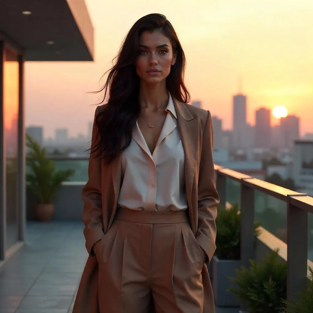 3D Render: Beautiful Middle Eastern Woman on Rooftop at Sunset
