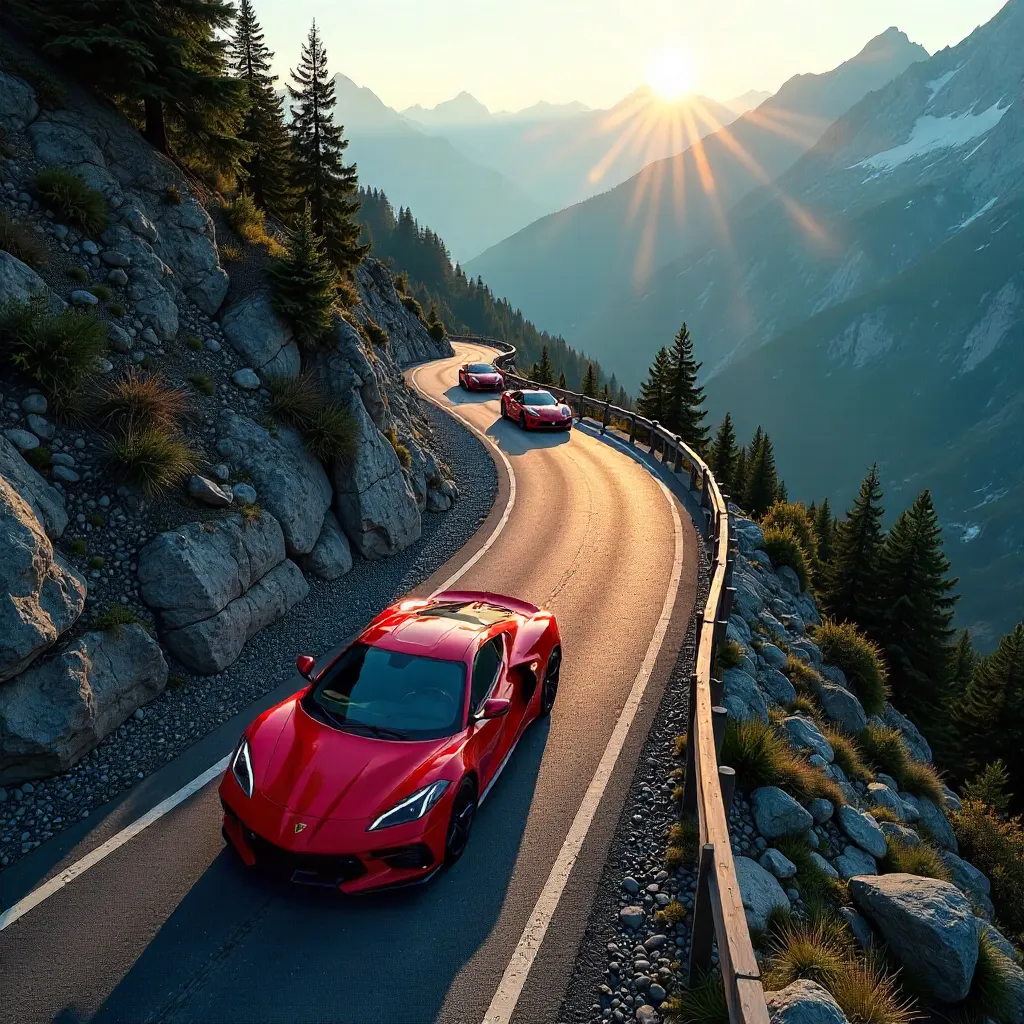 Aerial Switchbacks: Red Cars on Mountain Road