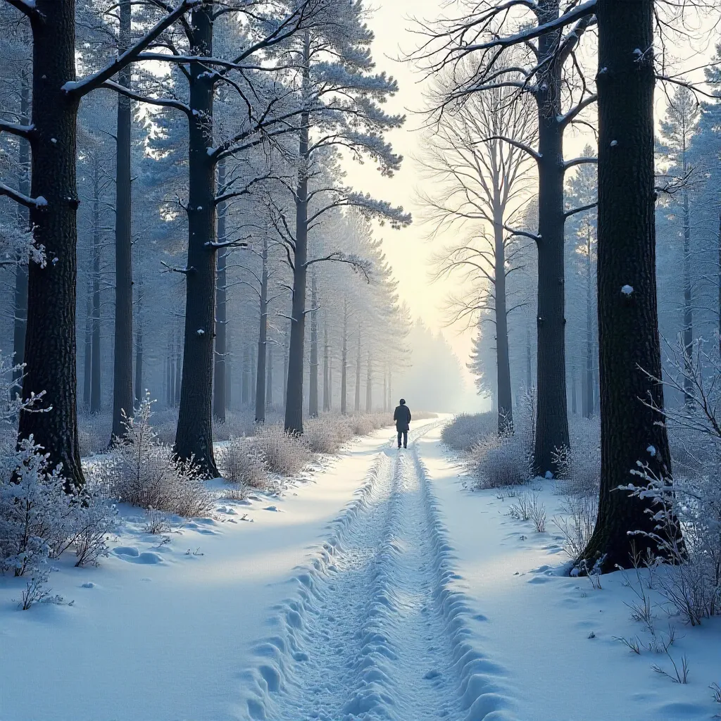 Serene Snow-Covered Forest Path with Distant Figure
