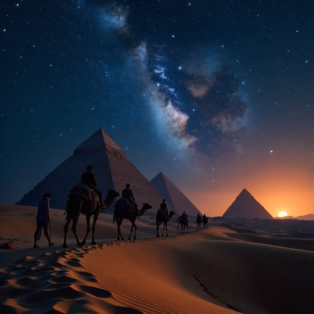 Starry Camel Caravan Over Giza Nights