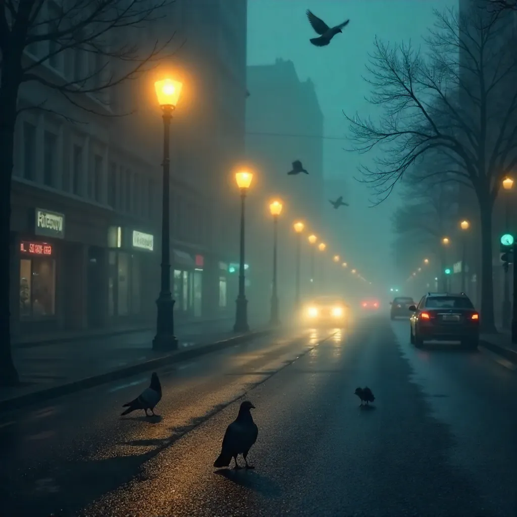 Fogbound Streetlights: Cars, Birds, and Mist