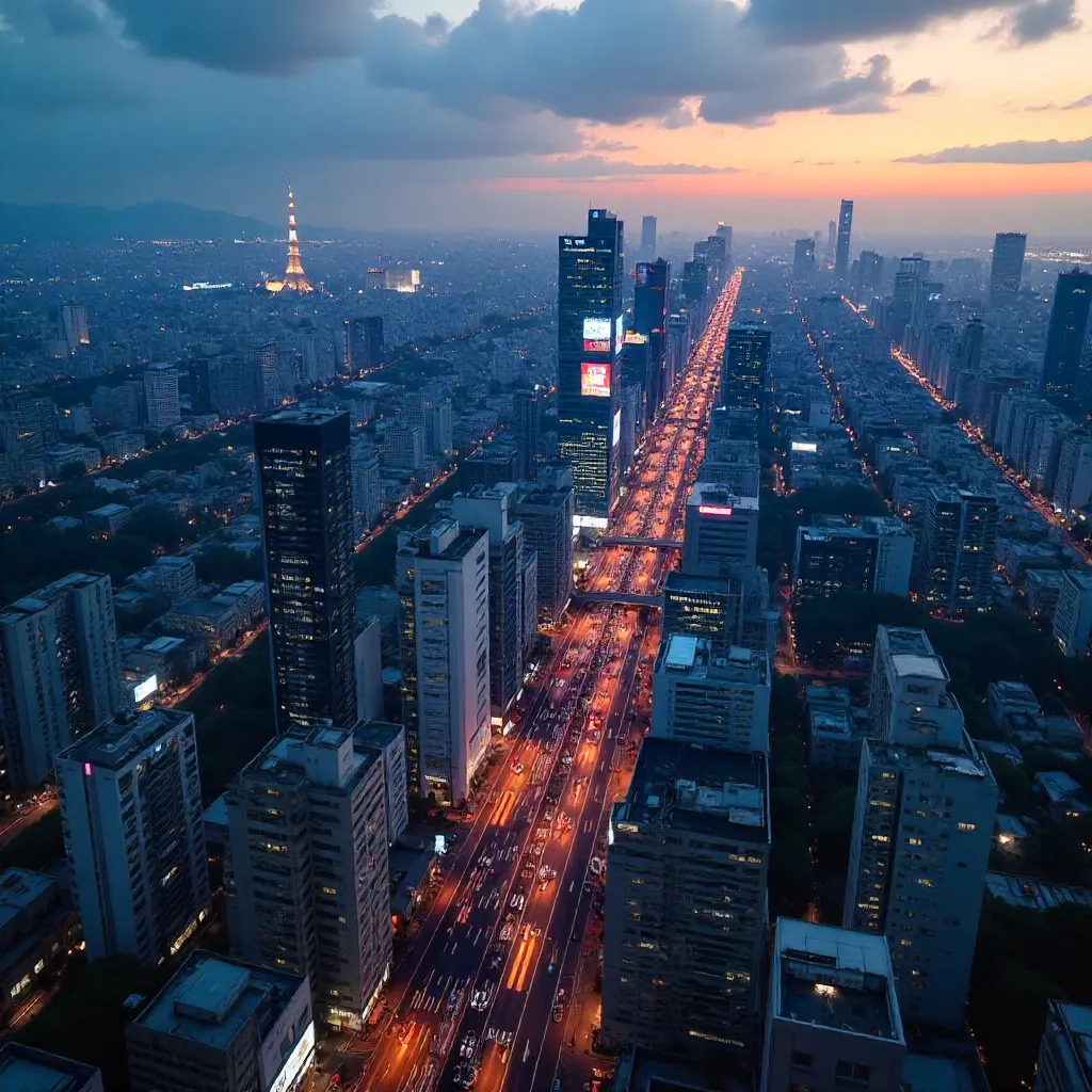 Aerial Tokyo at Dusk: Neon Jungle of Glass Towers