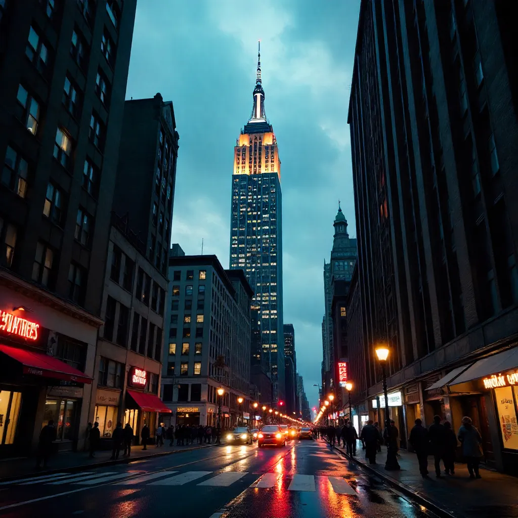 Empire State from Below in a Cloudy NYC Evening
