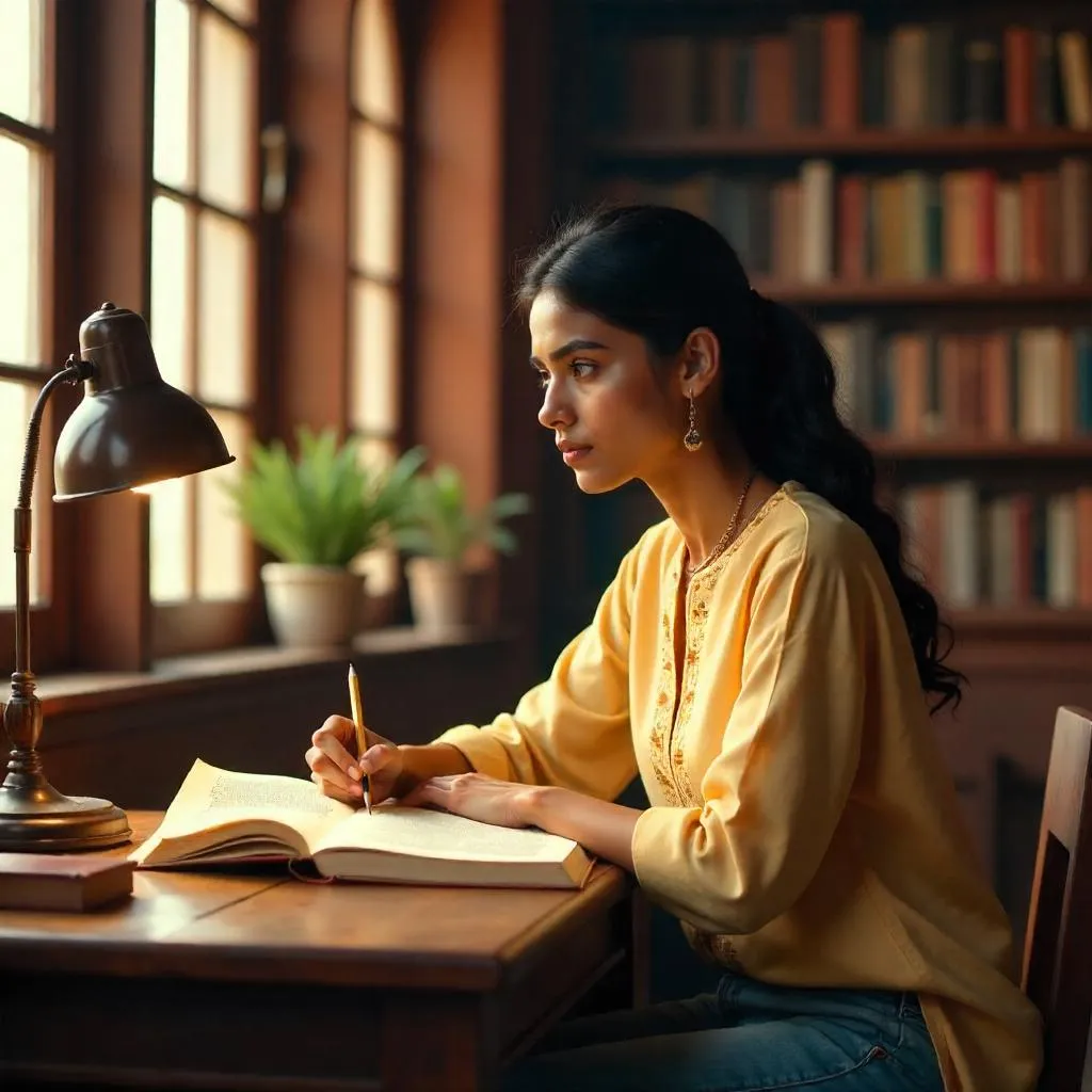 Photorealistic Indian Woman in a Quiet Library