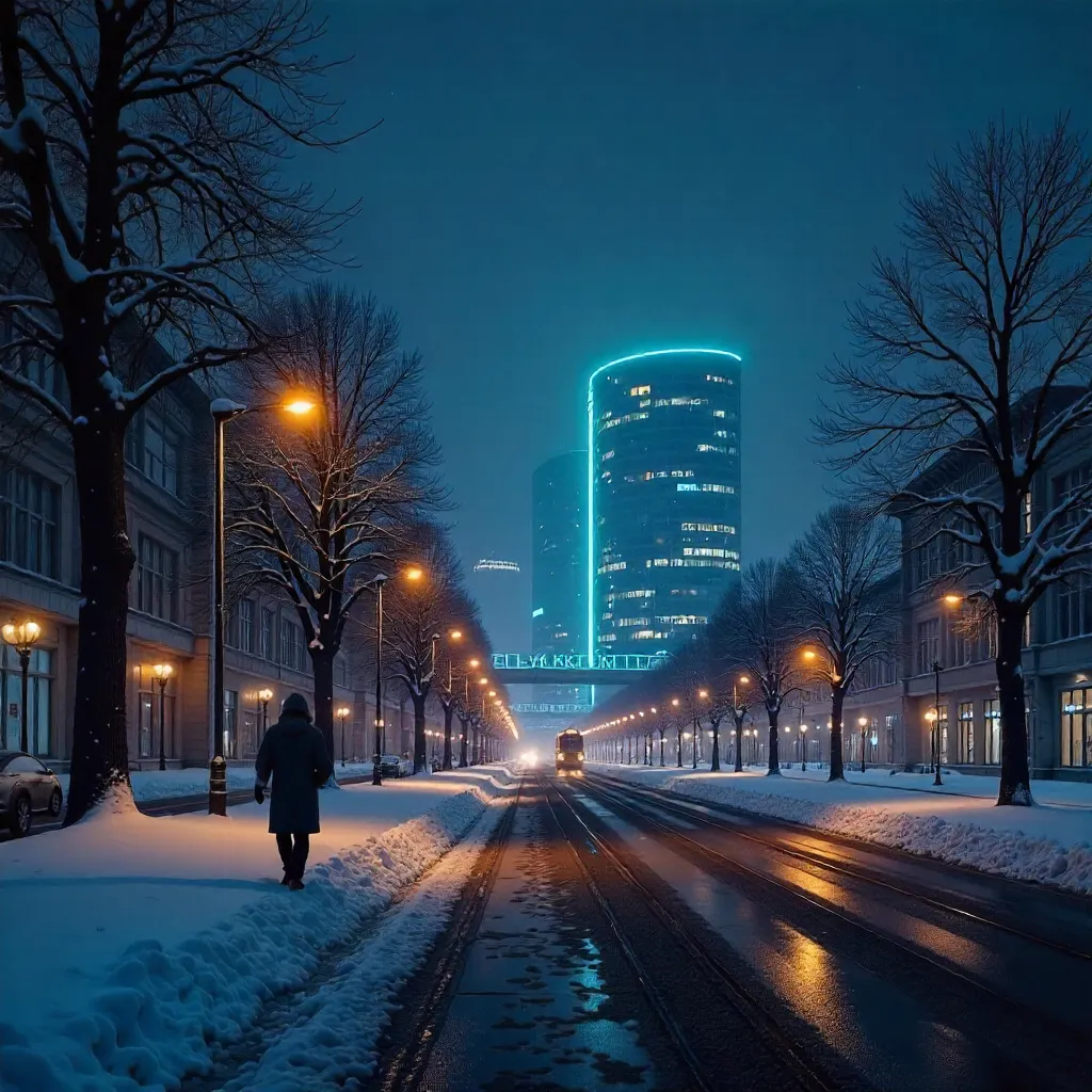 Serene Snowy Night in Astana's Modern Skyline