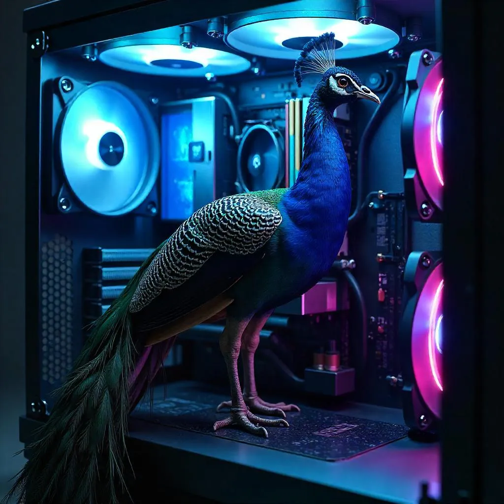 Photoreal Peacock Inside a Glass PC Case