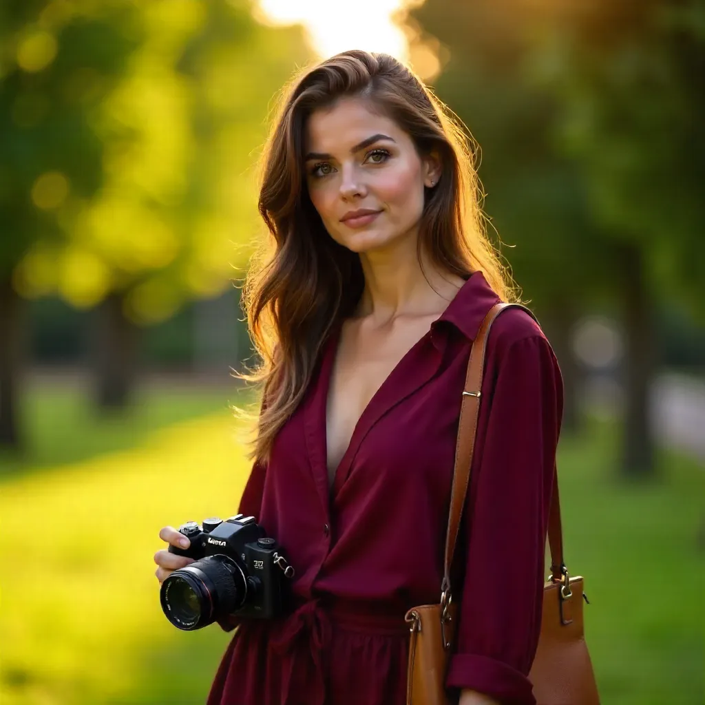 Woman in Maroon Outdoors with Camera and Leather Handbag