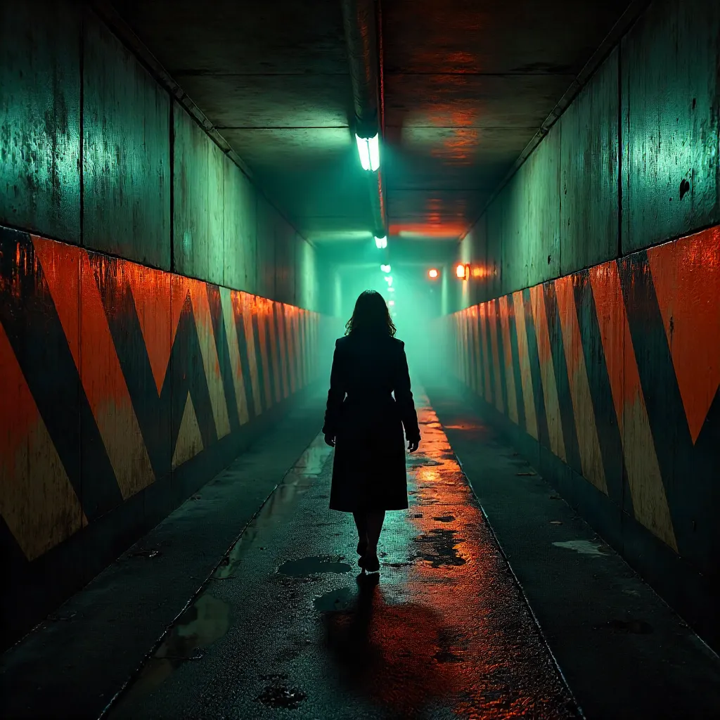 Chevron-Tunnel Night Walk: A Mysterious Urban Moment