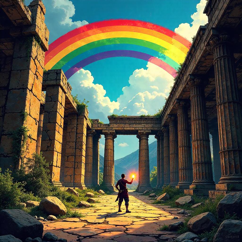 Rainbow Arches Over Temple Ruins in Comic Style