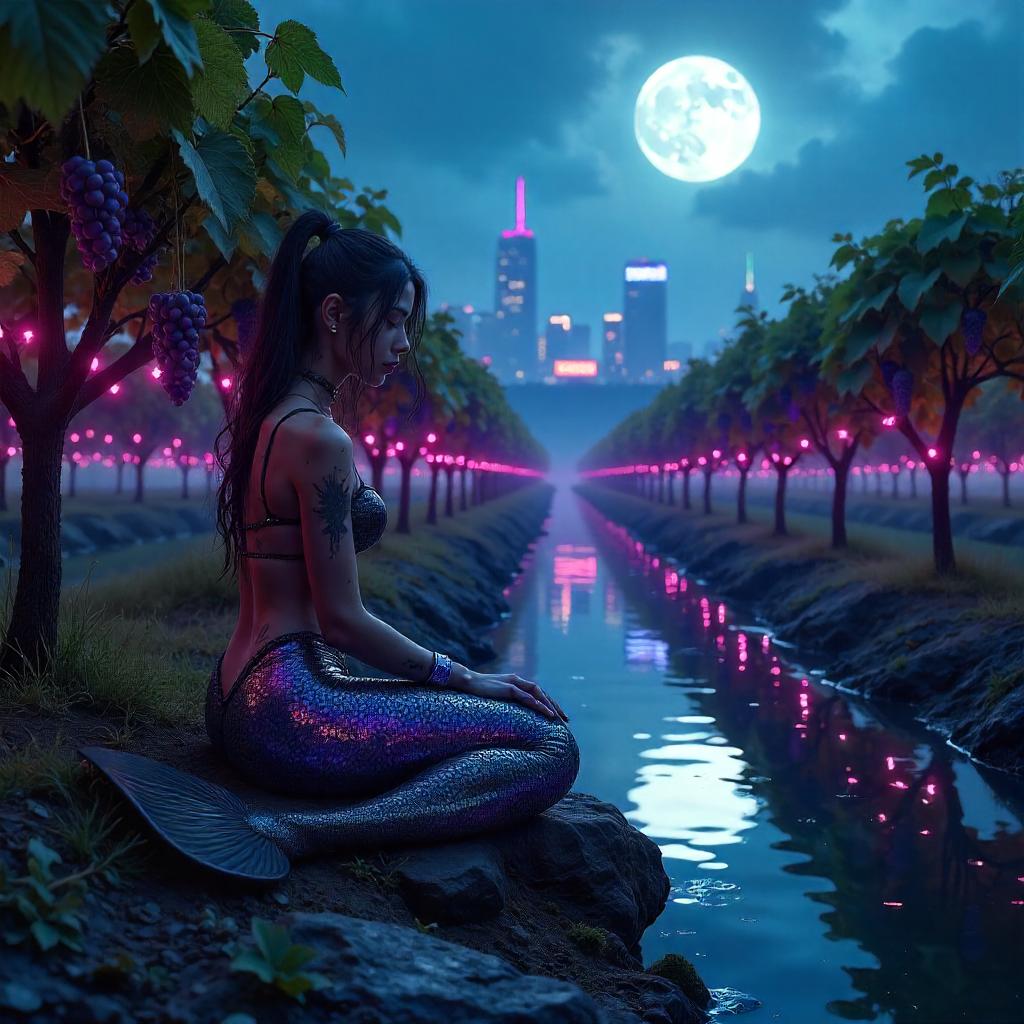 Neon Mermaid in a Cyberpunk Vineyard