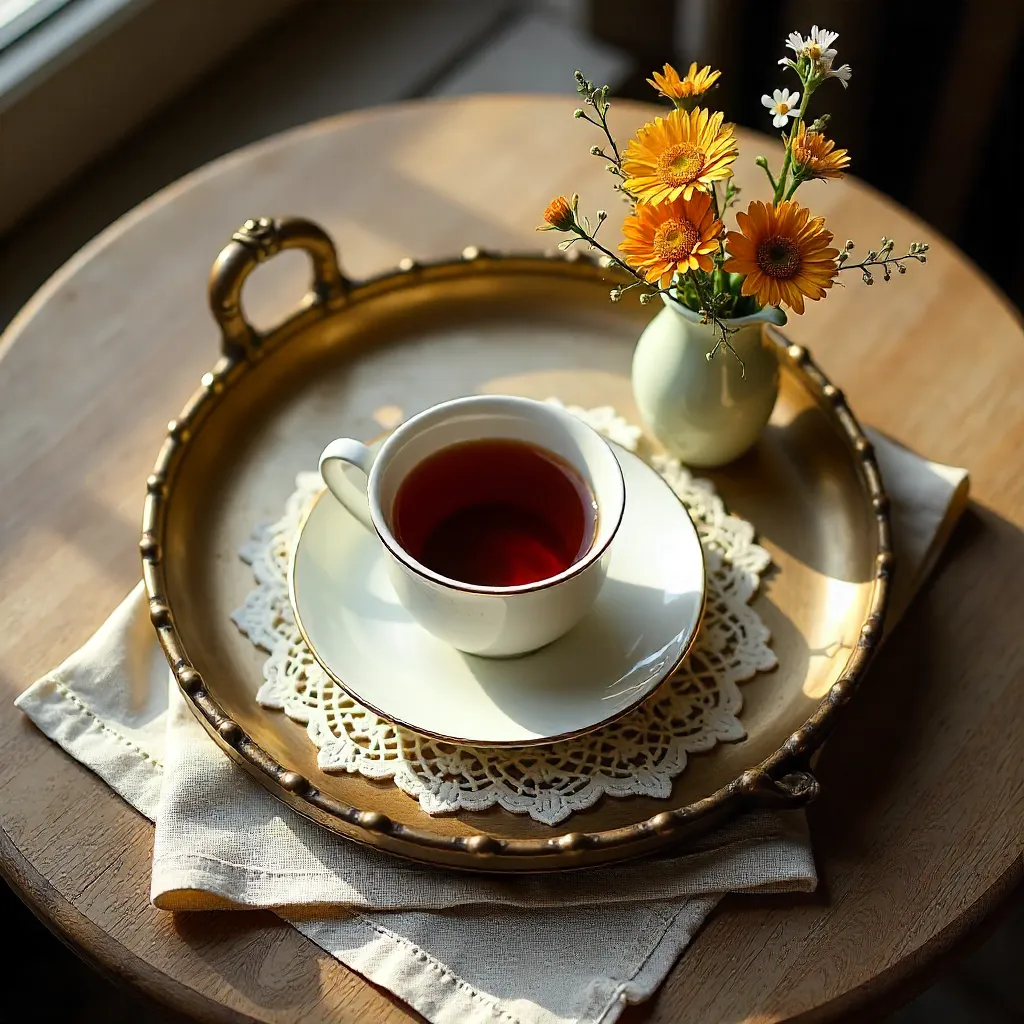Top-Down Aesthetic Coffee, Tea and Floral Tray