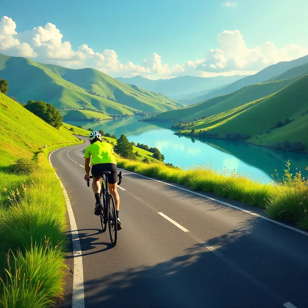 Cyclist Traverses San Luis Potosí Hills by a Reflective Lake