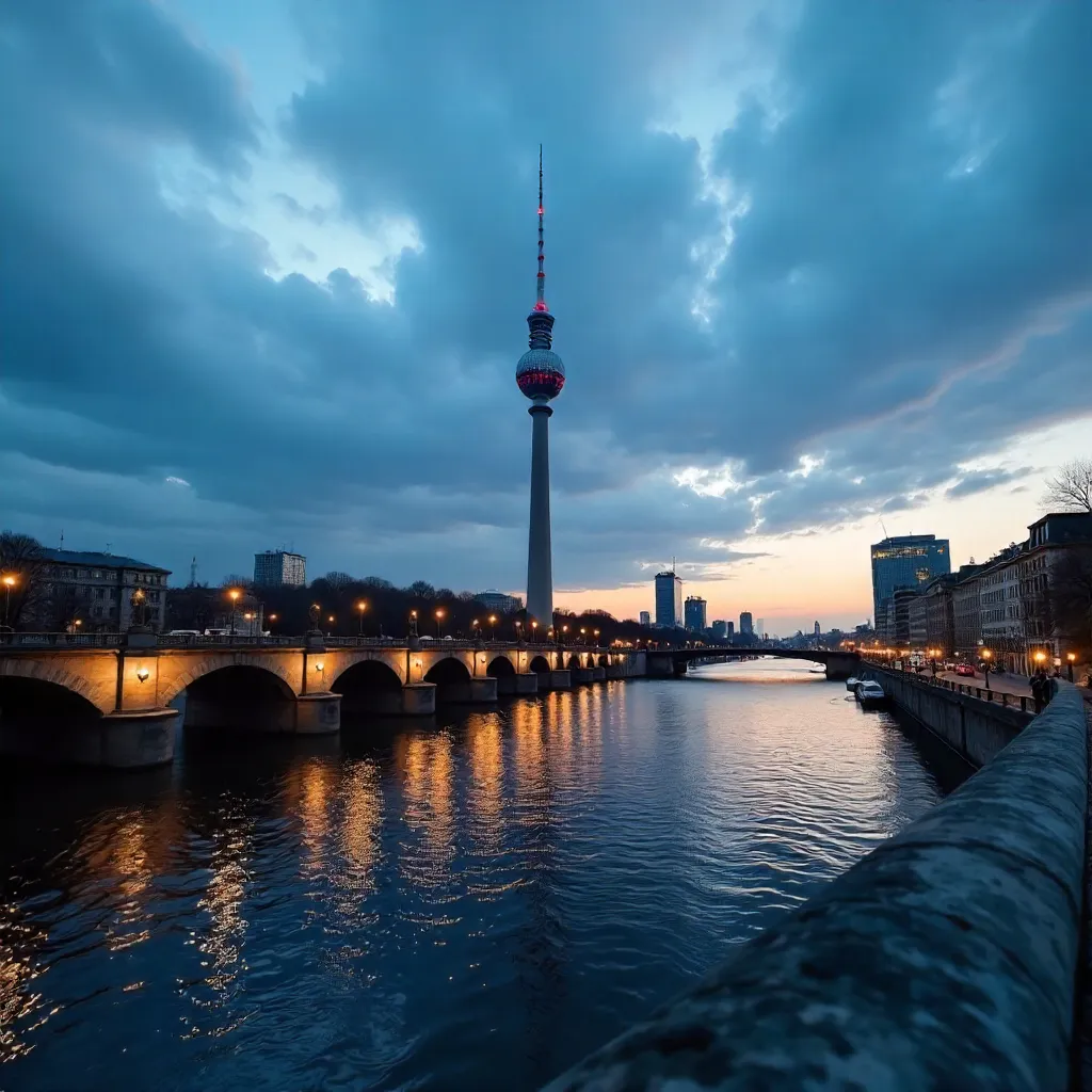 Berlin TV Tower Framed by Arch Bridge at Blue Hour