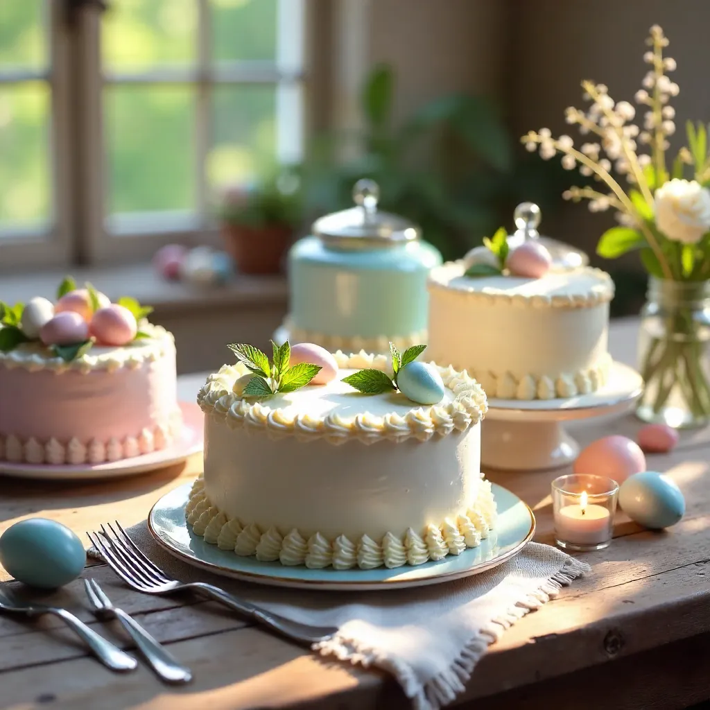 Rustic Easter Cakes on a Sunlit Wooden Table