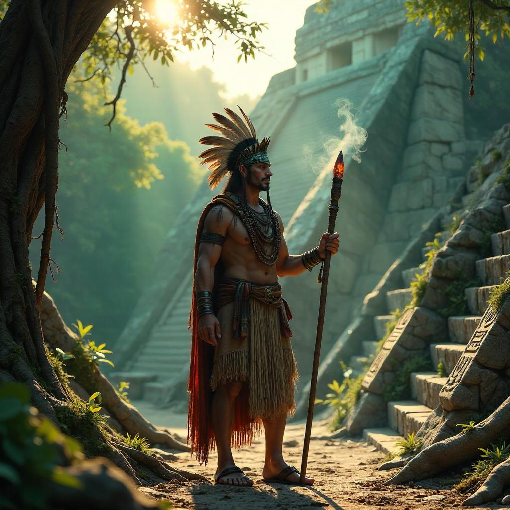 3D Render: Shaman in Mayan Ruins at Dusk