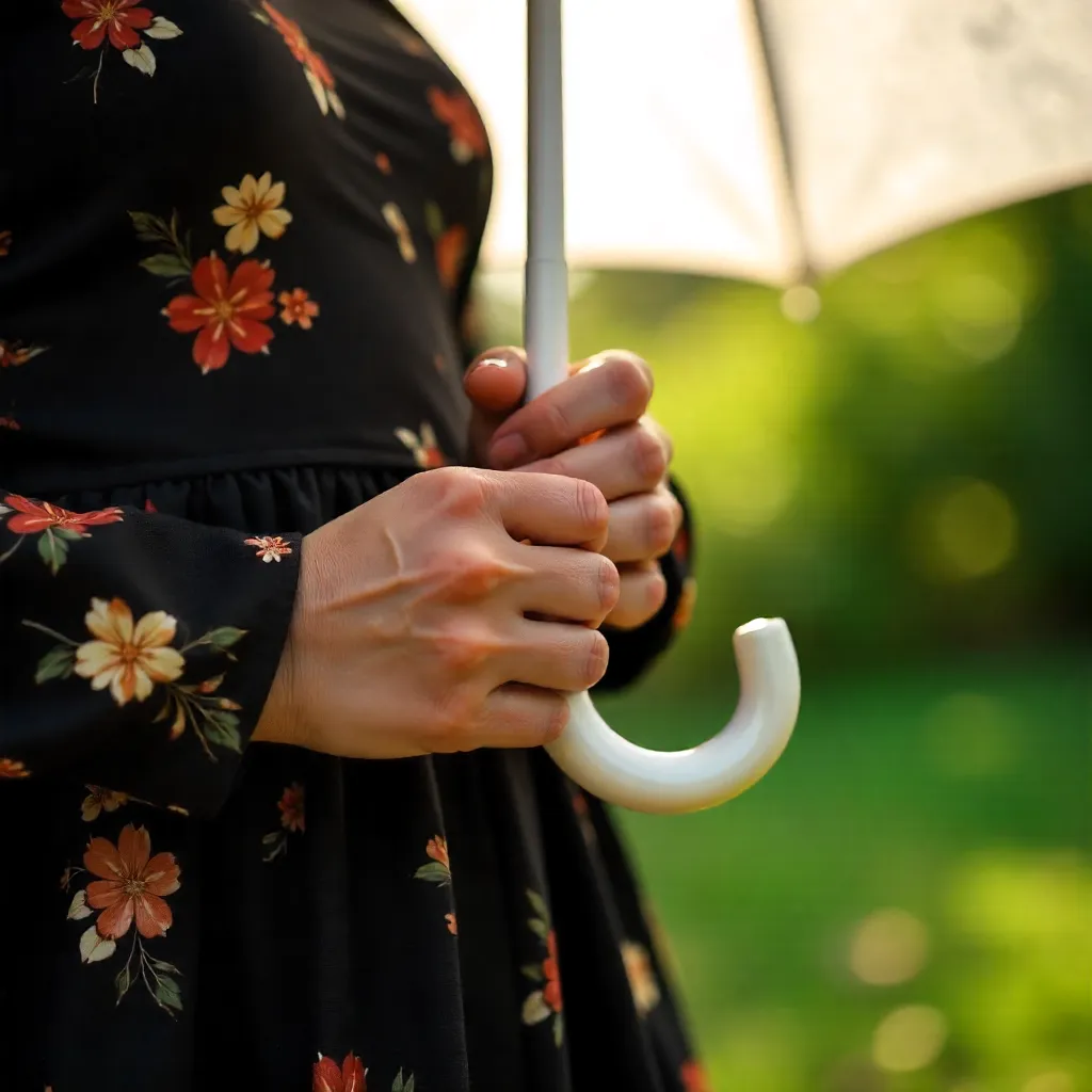 Close-Up: Hands in Black Floral Dress Holding White Umbrella