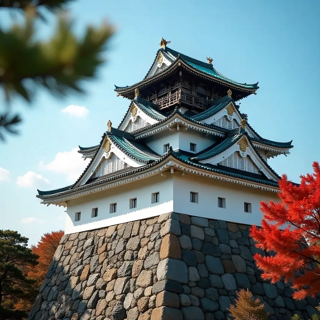 Azure Sky Over a Traditional Japanese Castle Roof