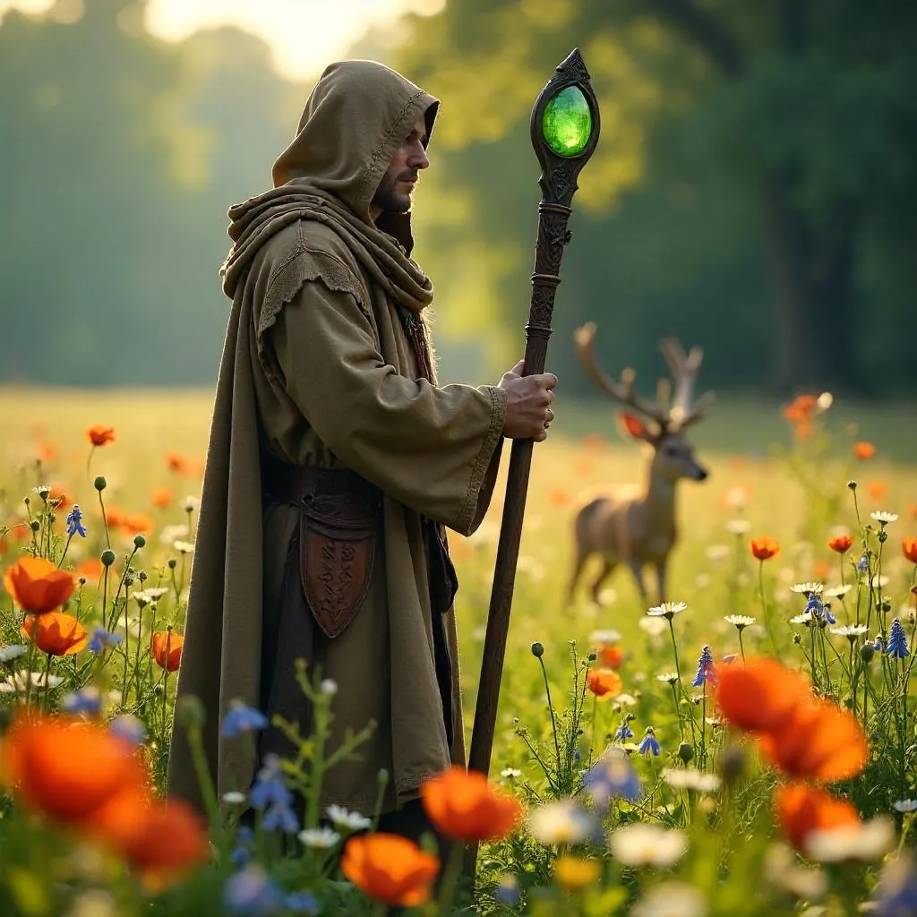 Druid in a Sunlit Field of Wildflowers