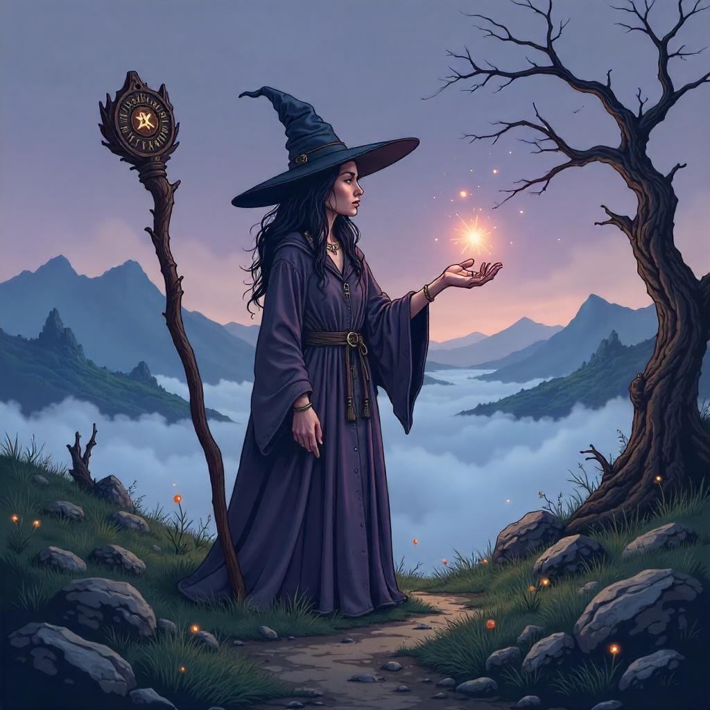 Cartoon Sorceress on Foggy Moor