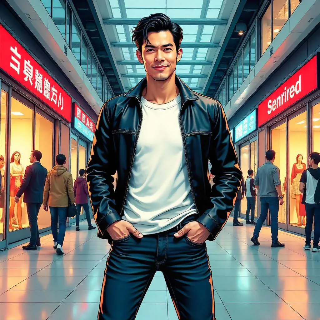 Handsome Asian Comic Hero in a Bustling Mall