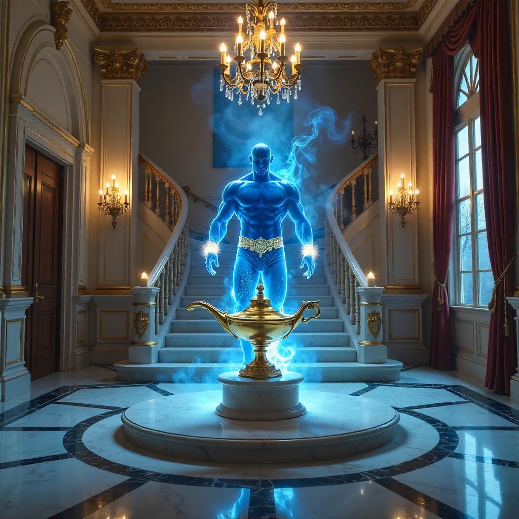 Genie Emerges in a Luxurious Mansion Foyer