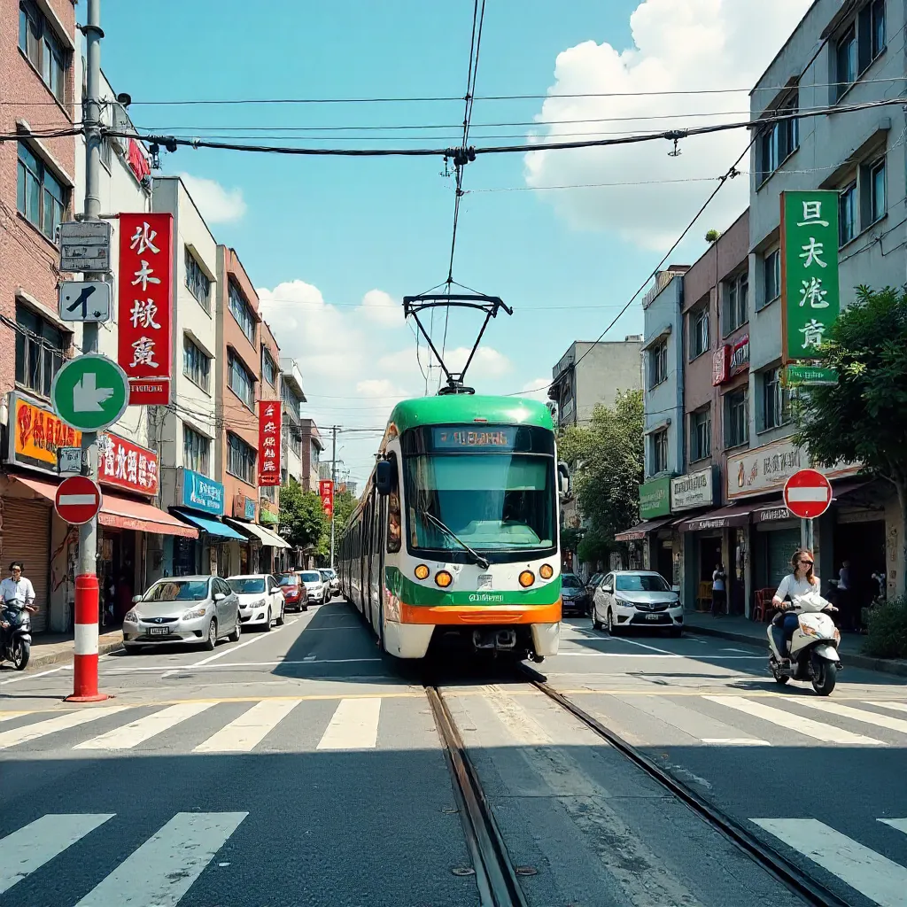 Taiwan Train Crossing at a Sunny City Intersection