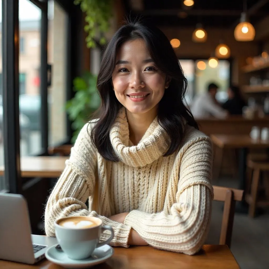 Cozy cafe portrait of an Asian woman