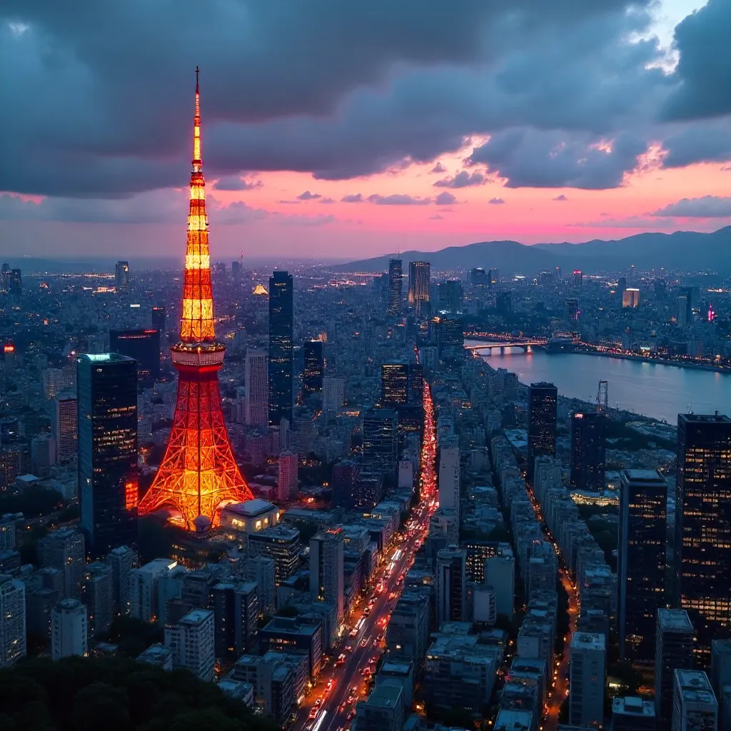 Twilight Tokyo Skyline with Illuminated Tokyo Tower
