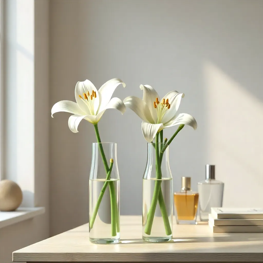 Minimalist Desk with White Lilies, Glass Vases & Perfume