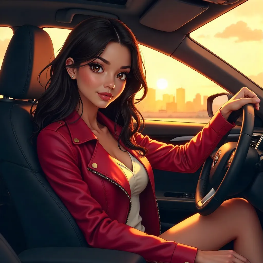 Latina Anime Woman in a Sleek Car — Sunset Drive