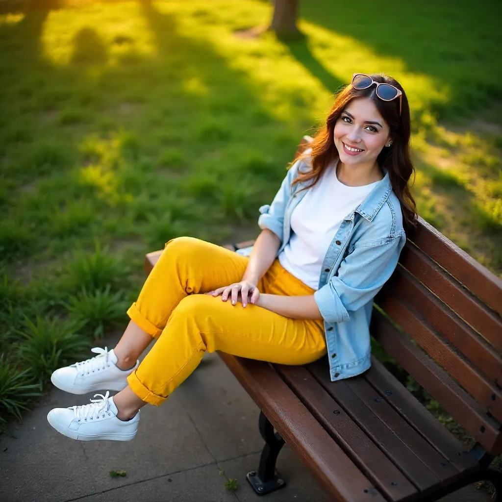 Overhead View: Woman in Yellow Pants on a Bench