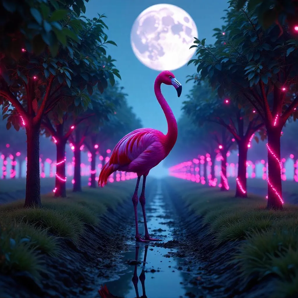 Neon Flamingo in a Cyberpunk Orchard at Night