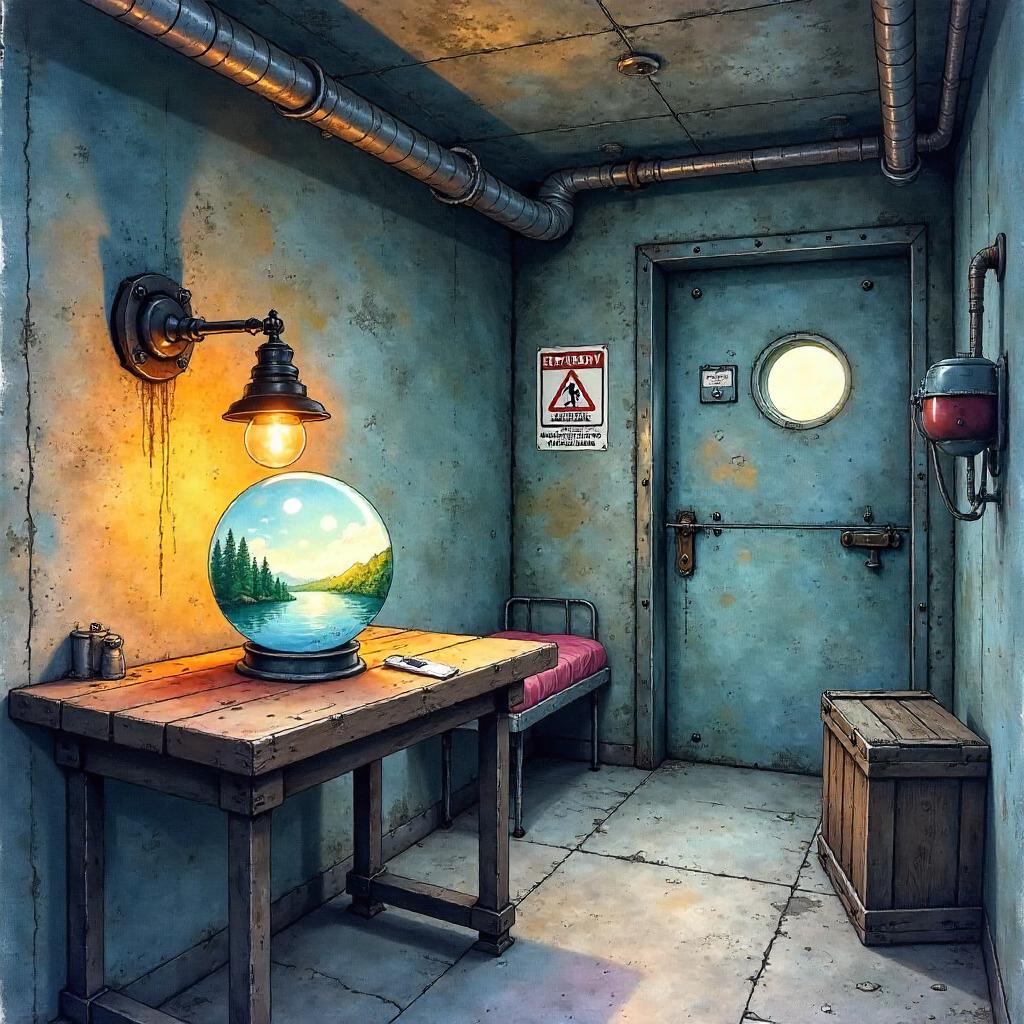 Crystal Ball in a Bomb Shelter — Watercolor Scene