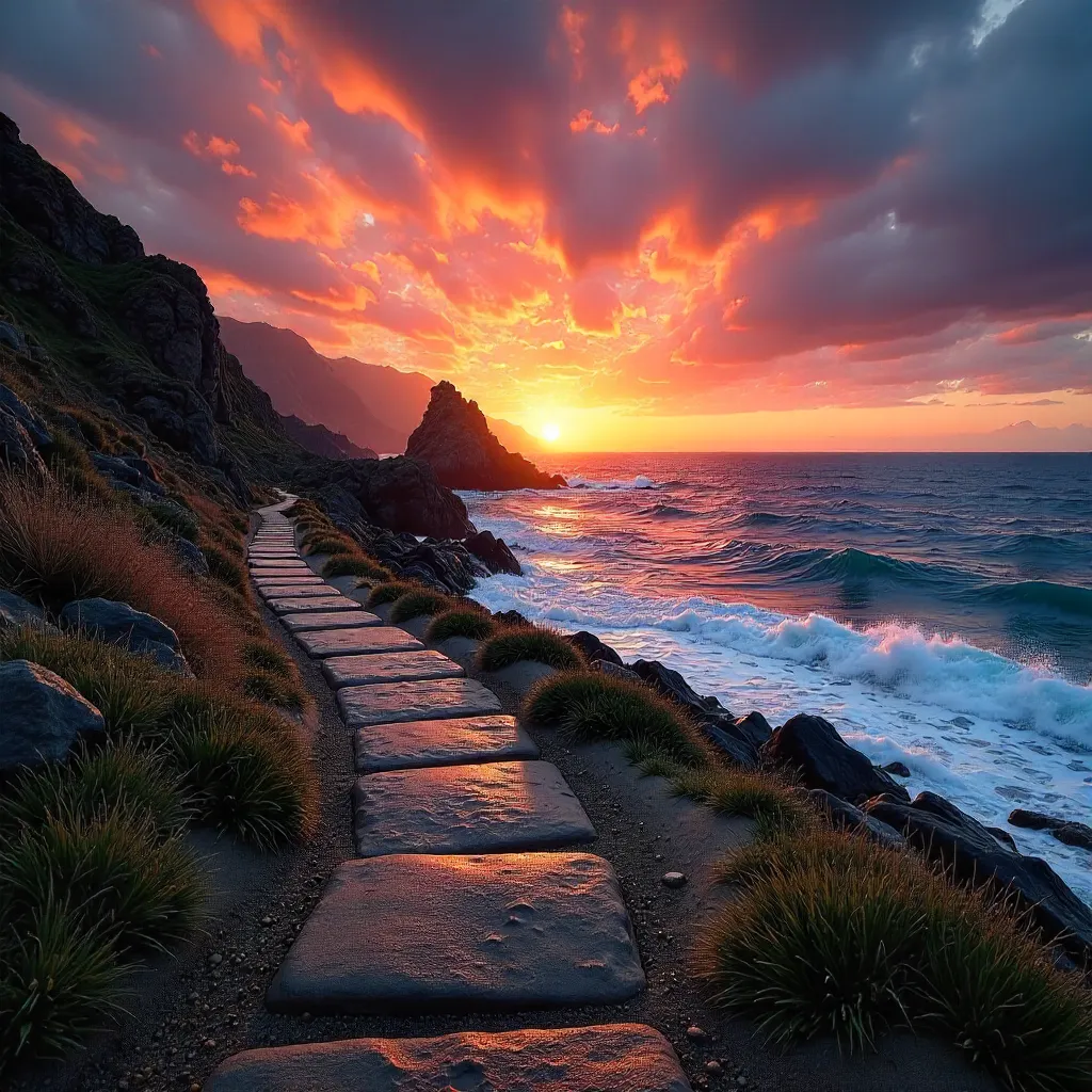 Sunset Coastal Pathway to the Rugged Ocean