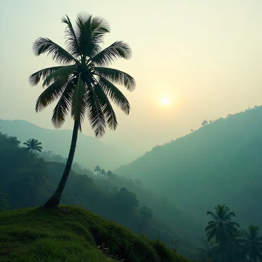 Lone Palm Against Misty Kerala Hills