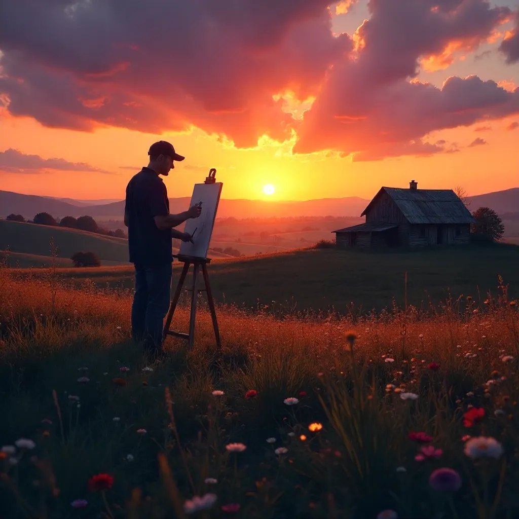 Silhouette of an Artist Painting at Sunset in the Countryside