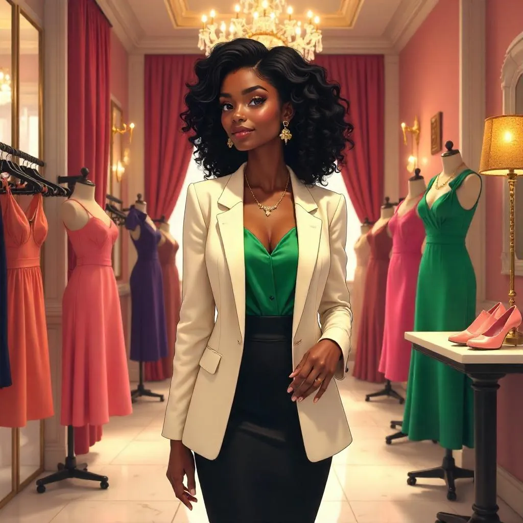Elegant Black Girl in an Anime Boutique