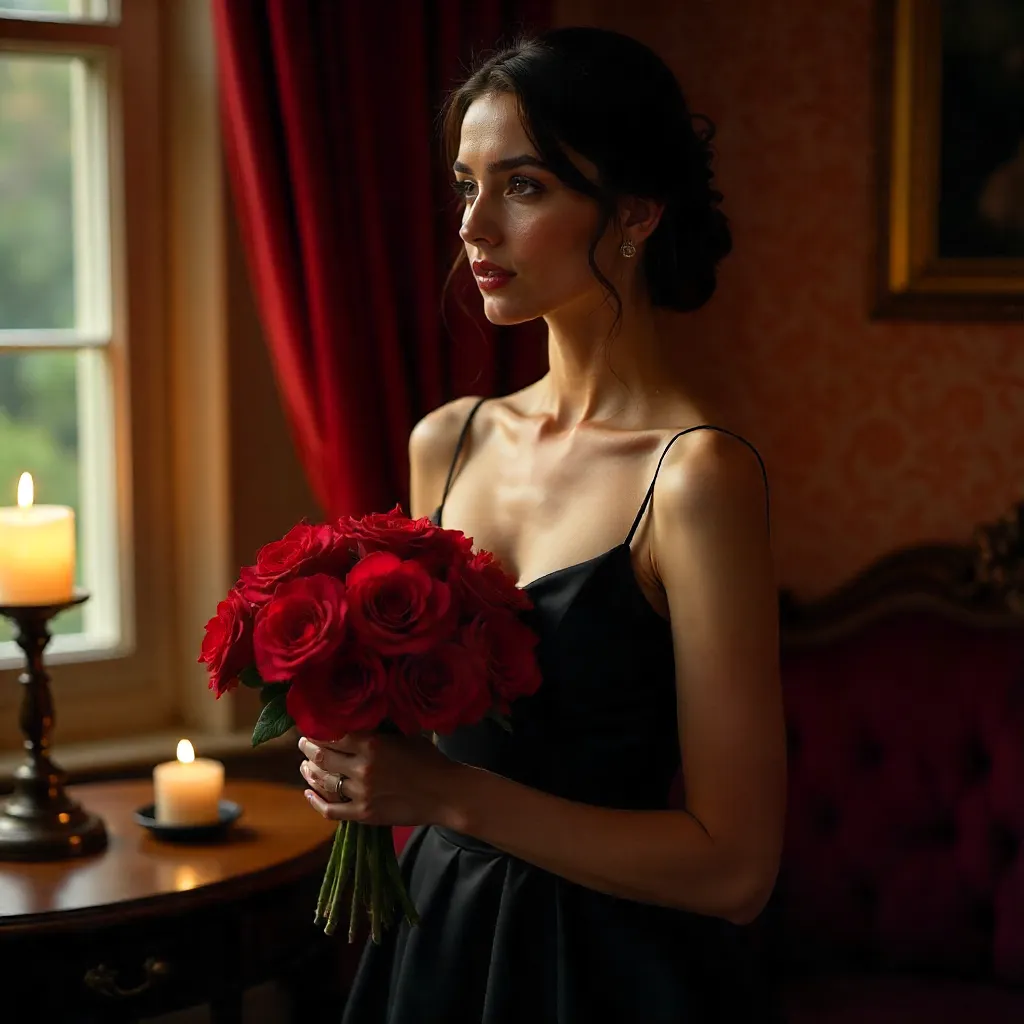 Midnight Velvet: Woman in Black Dress with Red Bouquet