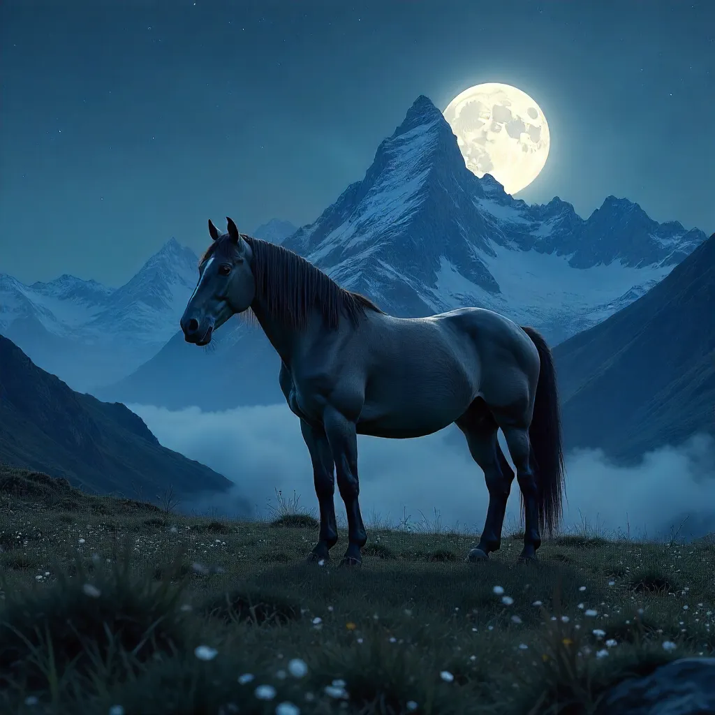 Solitary Horse Under Moonlit Mountains