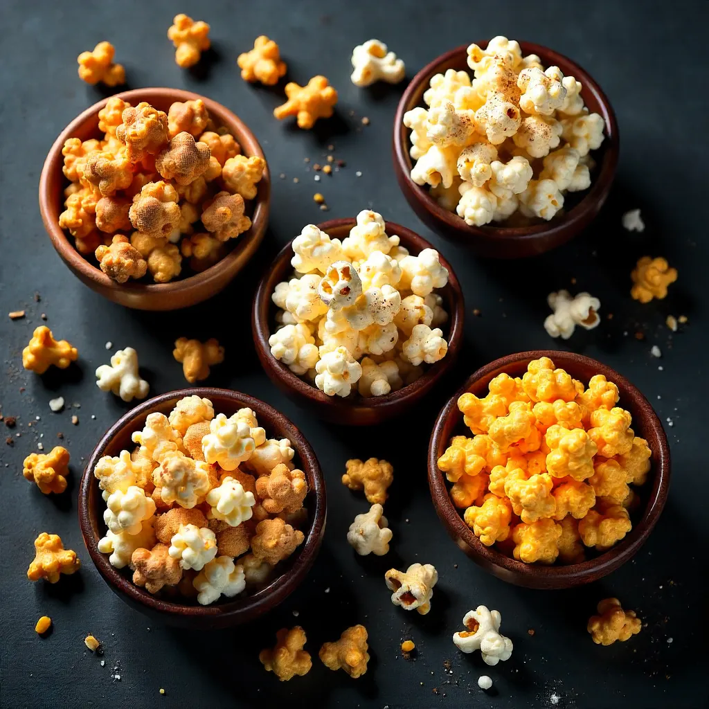 Overhead View: Assorted Popcorn Bowls on Dark Surface